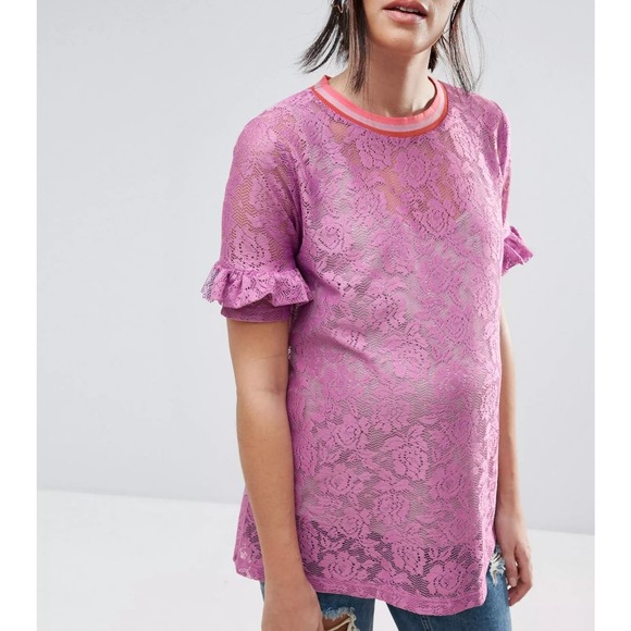 ASOS Maternity Lilac Lace Ruffle Sleeve Stripe Tipping T-Shirt Size 18 - Picture 2 of 13